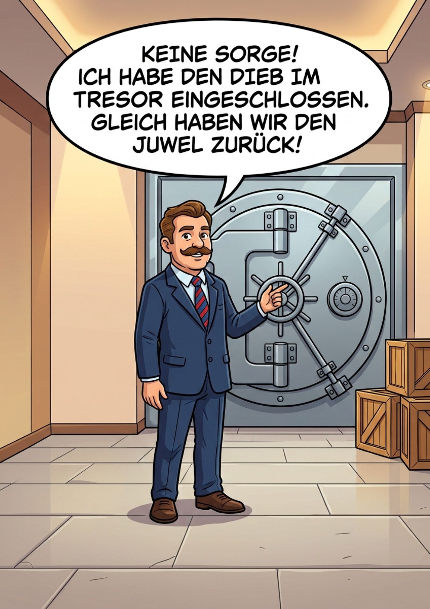 Bankdirektor: Keine Sorge! Ich habe den Dieb im Tresor eingeschlossen.